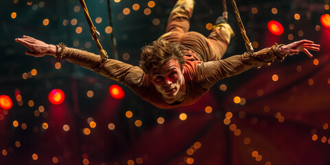 Intense close-up of a male trapeze artist mid-performance, surrounded by sparkling lights in a vibrant circus setting.