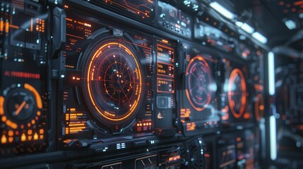 Obraz premium Embark on a cybernetic journey through a cutting-edge Neural Interface, featuring futuristic interaction panels and dynamic data streams.