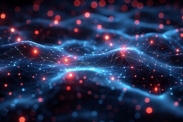 Obraz premium Abstract glowing blue and red interconnected network lines with light dots on a dark background. Digital data and technology concept