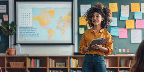 Confident young female teacher with curly hair, in a bright yellow shirt, conducting a lesson in a modern classroom with a world map display