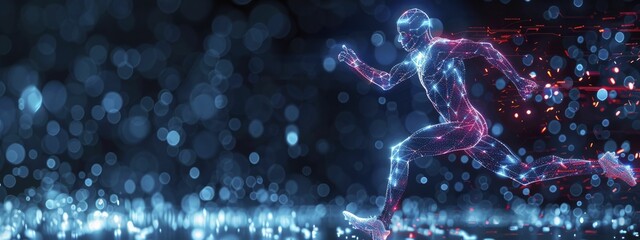 Cybernetic Sports Trainer Interface, visualizing athlete performance enhancement with biometric feedback.