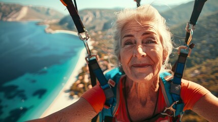 grandmother paragliding on a paradisiacal beach in summer. vacation, travel, height concept. in high resolution and quality