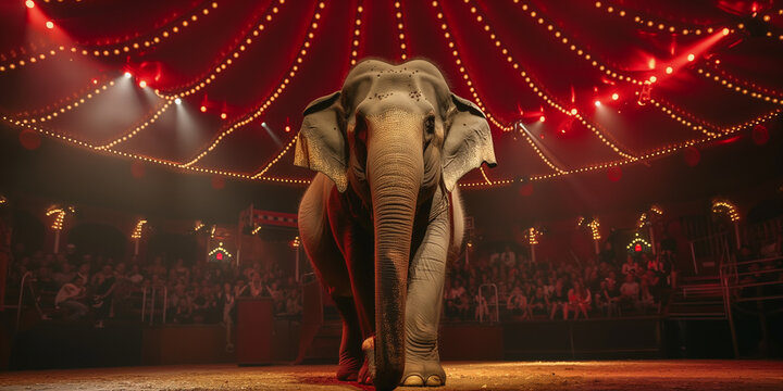 Majestic elephant performing under a circus tent adorned with vibrant red lights, captivating the audience with its presence.
