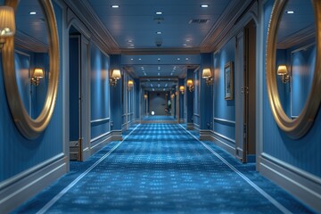 A photo of the corridor on a luxury cruise ship, with mirrors and blue carpet, taken in the style of Nikon d800 camera. --ar 3:2 --stylize 750 Job ID: 57880537-d4da-4cc9-8b85-678707f4d8d0