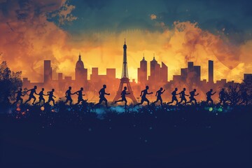 Silhouettes of people running with a Paris skyline in the background at sunset