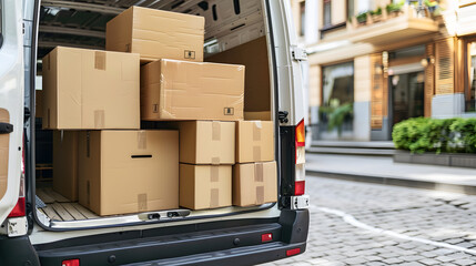  trunk with moving cardboard packages outdoors. White delivery van and many different cardboard boxes on city street.
