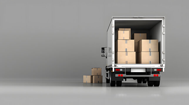  trunk with moving cardboard packages outdoors. White delivery van and many different cardboard boxes on city street.
