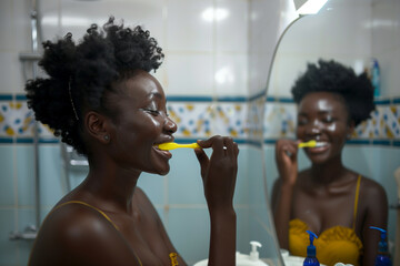 Afro-American woman smiles with satisfaction as she performs her dental hygiene routine in the bathroom of her home
