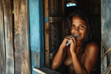 Indigenous woman joyfully brushes teeth in rural home
