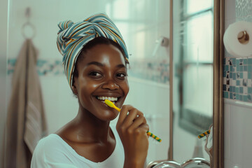 Afro-American woman, with a radiant smile, brushes her teeth in the bathroom of her home during the morning