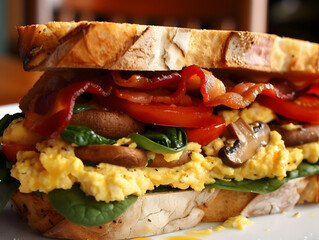 sandwich of spinach, mushrooms, tomatoes, bacon, and scrambled eggs