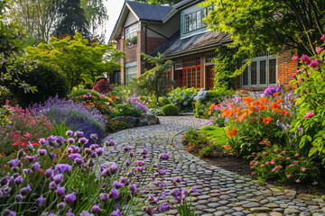 Refined dwelling with a front yard featuring a vibrant English garden and stone path.