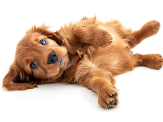 golden retriever puppy lies on its back, looking relaxed and playful, white background