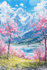 Watercolor Anime Scene of Meadow and Snowy Peaks