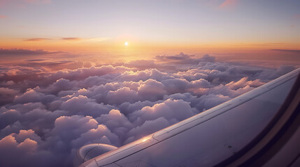 A mesmerizing view captured from the window of an airplane, soaring high above the clouds and bathed in the soft golden light of the setting sun - Powered by Adobe