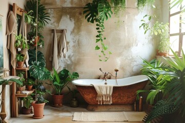 Spacious Modern bathroom morning. Mirror indoor. Generate Ai