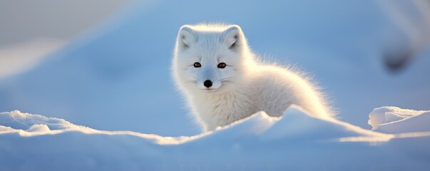 Fototapeta premium white Arctic fox staring calmly amidst a snowy backdrop, with its thick winter fur coat in the soft light