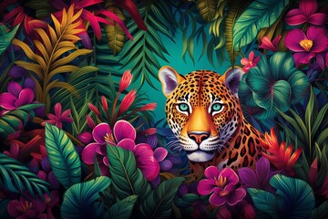 Colorful bright illustration of tropical forest, tiger surrounded by plants and leaves