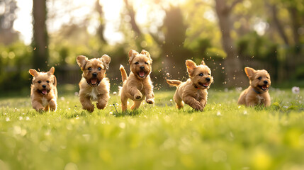 A delightful image capturing a group of playful puppy dogs frolicking and running joyfully in a lush green grassy field, exuding boundless energy and enthusiasm