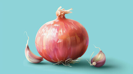 Artistic illustration showing a whole onion and its slices in vibrant colors, emphasizing texture and layers.