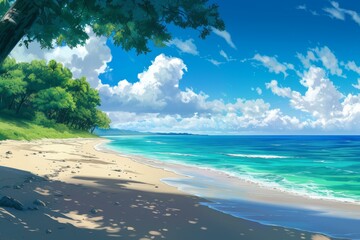 Picturesque Beach waves anime visual novel game. Sky palm. Generate Ai