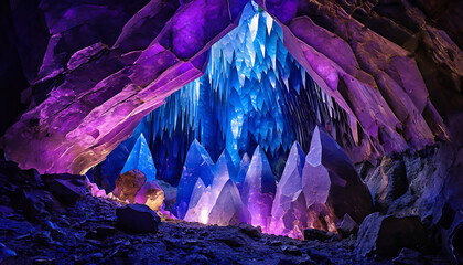 A mystical cave with vibrant, illuminated crystals in purple and blue hues, evoking a sense of wonder and fantasy