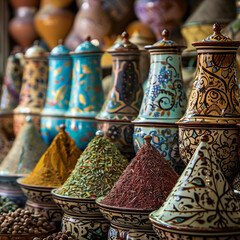 Ceramic Containers Displaying Colorful Spices in a Vibrant Market Stall