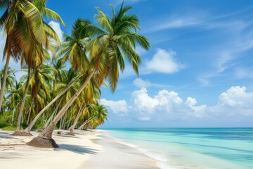 Picturesque Beach with palm trees. Landscape sunset. Generate Ai