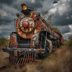 Obraz premium Rustic Abandoned Train on Overgrown Tracks Under Moody Skies