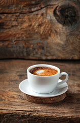 Cup of coffee with foam in like form wooden texture