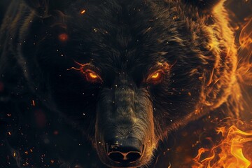 Terrifying Bear face fiery red eyes. Wild head. Generate Ai