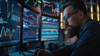 man analyzing the stock market or trading on his pc with a suit in high resolution and quality