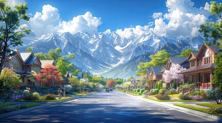 A picturesque neighborhood with classic American houses, lush gardens, and residents enjoying the beautiful day. 