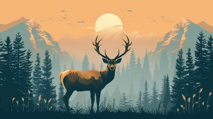 Artistic rendering of a majestic deer in a serene forest with mountains under a setting sun.