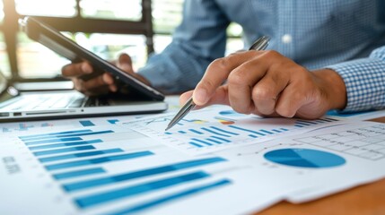 man in suit analyzing some bar graphs. innovation concept, work, market, study, analyst, resources