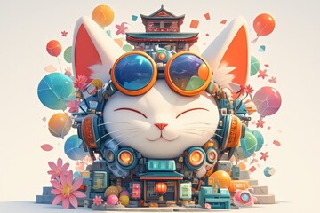 A colorful cat with sunglasses and many mechanical elements on its head, surrounded by various shapes of colored balls