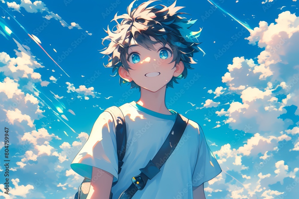 Wall mural A cute anime boy with short hair, wearing casual and standing in the sky, surrounded by clouds and rays