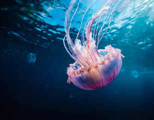 A vibrant jellyfish floats gracefully underwater, illuminated by light rays piercing the ocean’s surface