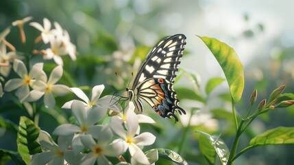 A butterfly alighting on a cluster of fragrant jasmine blooms, drawn in by their sweet scent.