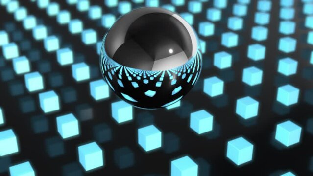Seamless looping 3d animation of blue metallic cubes reflecting in a chrome sphere
