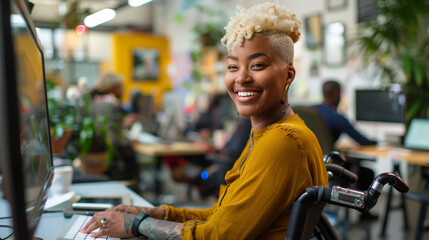Happy gay african american woman in wheelchair working at computer in an inclusive & diverse office workplace. Disabled black lesbian female with cropped blonde hair collaborating with coworkers - Powered by Adobe