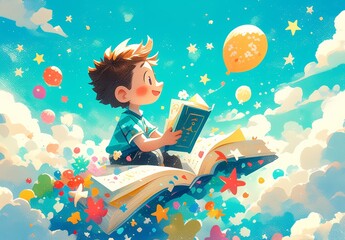 A cute little boy is reading an open book, sitting on top of colorful balloons and stars flying in the sky.