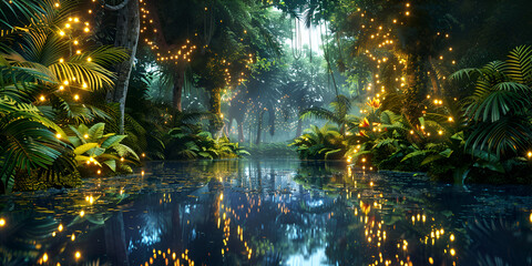christmas tree reflected in water, Enchanting fireflies illuminating a tranquil forest at twilight, Long exposure of fireflies dancing above swamp plants created with generative ai, Fireflies, 

