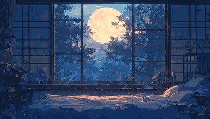 A dark bedroom with an open window overlooking the moon, a cozy bed covered in soft blankets and pillows under dim lighting, creating a peaceful atmosphere for sleep. 