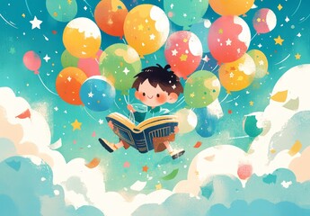 A cute little boy is reading an open book, sitting on top of colorful balloons floating in the air, with bright stars and bubbles around him. 