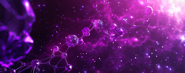 Deep space purple with abstract futuristic molecules sophisticated polygonal shapes weaving through the cosmic background.