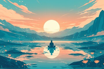 person meditating in lotus position with the sun rising over mountains and water, surrounded by ripples in calm waters.