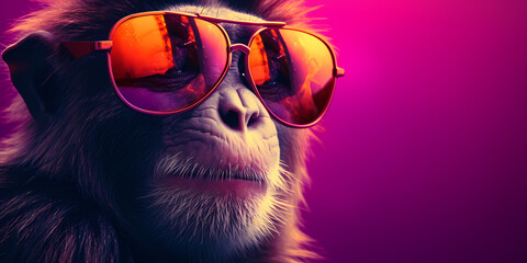 Stylish Gorilla with Sunglasses: Fun Jungle Portrait for Summer Vibes and Tropical Fashion Concept. Trendy Animal Illustration with Cool Ape Wearing Eyewear, Perfect for Wildlife Designs and Urban Fas