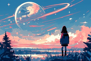 A girl gazes at the sky, with pink clouds and stars floating in it. In front of her is an endless forest under a twilight sky. There is another big planet atop the night sky. 