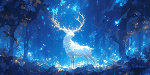 Glowing white stag in the woods, fantasy